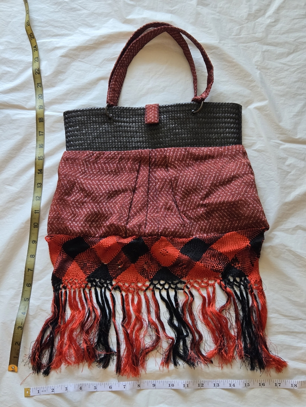 Black Woven Straw Bag With Red & Black Check Fringed Ends - Picture 9 of 10